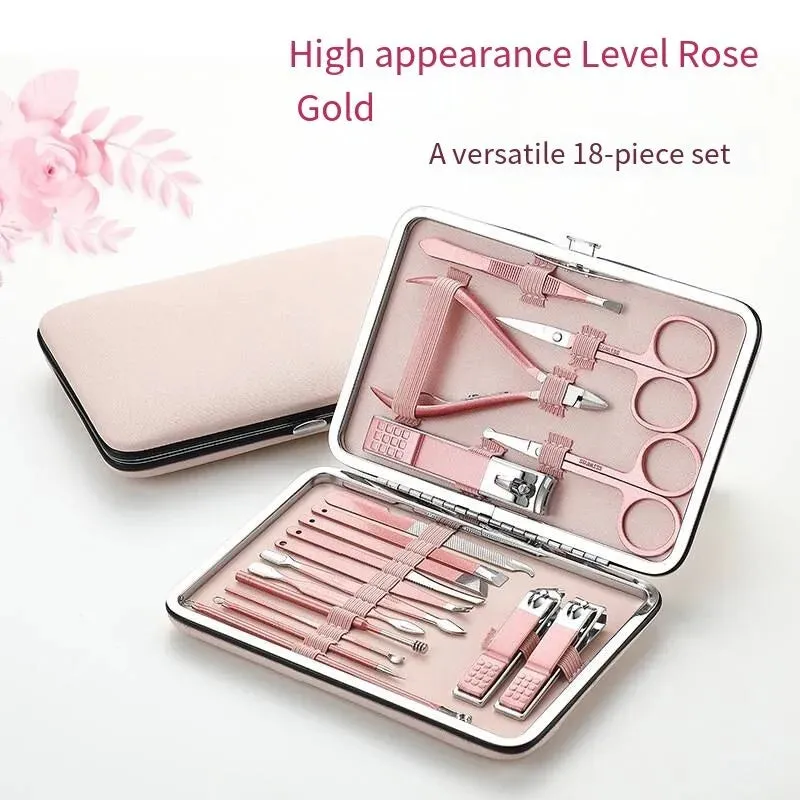 18 Piece Rose Gold Manicure Set with Nail Clippers Scissors and Ear Spoon for Men