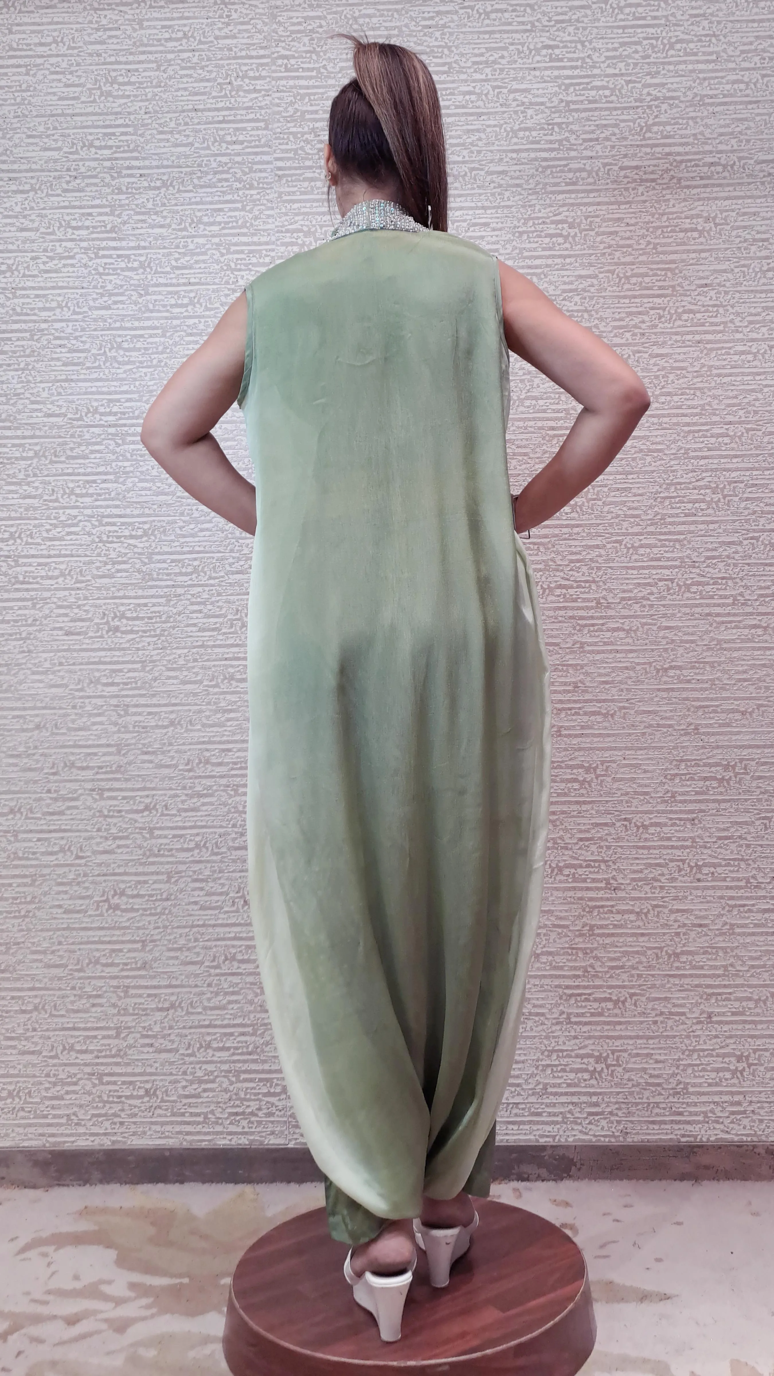 Georgette Jumpsuit In Soothing Shades Of Green With AntiqueZariThreadwork