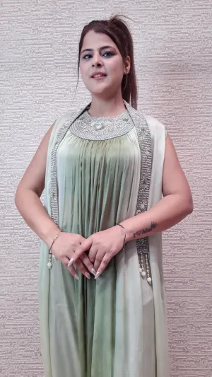 Georgette Jumpsuit In Soothing Shades Of Green With AntiqueZariThreadwork