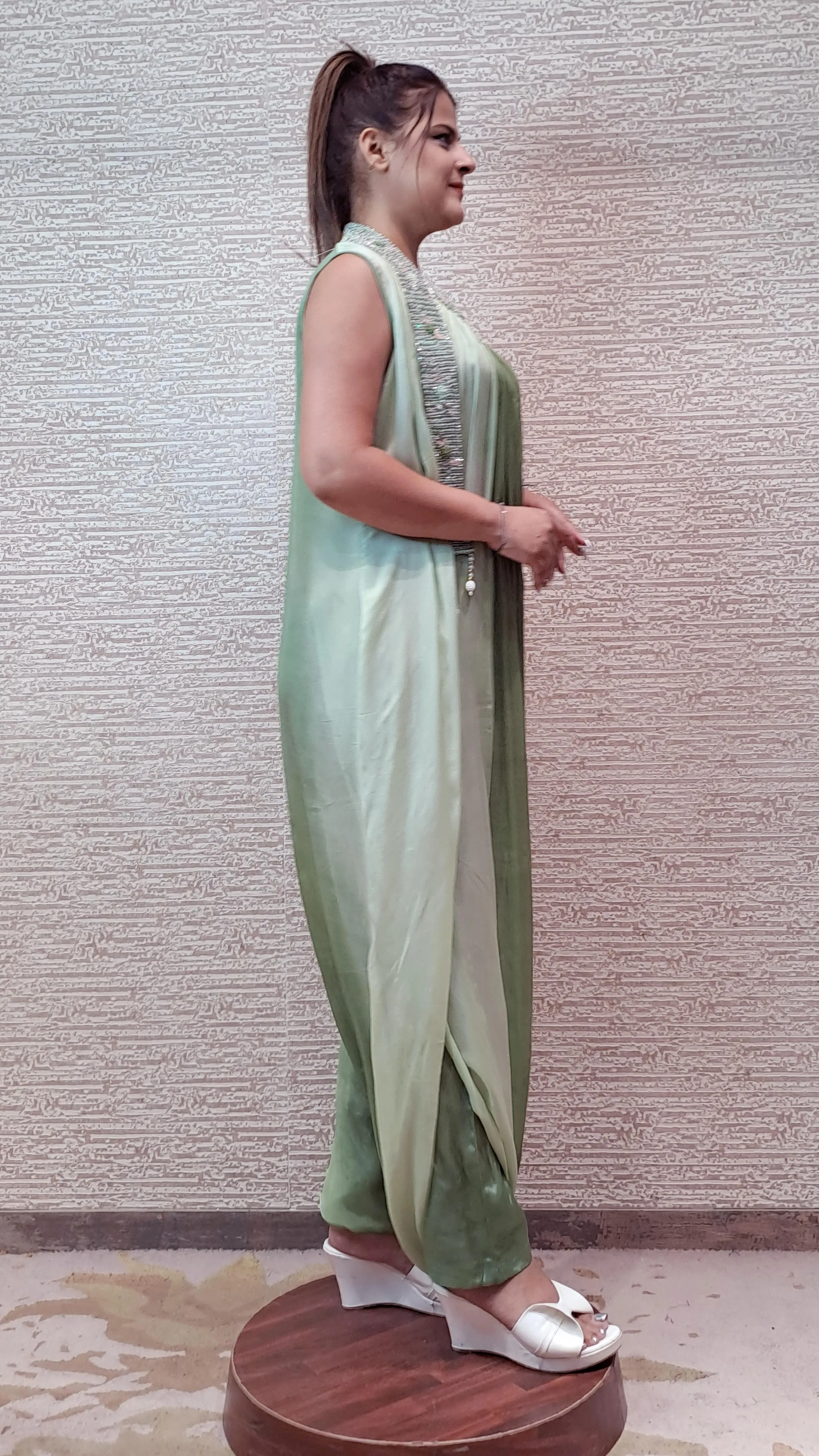 Georgette Jumpsuit In Soothing Shades Of Green With AntiqueZariThreadwork
