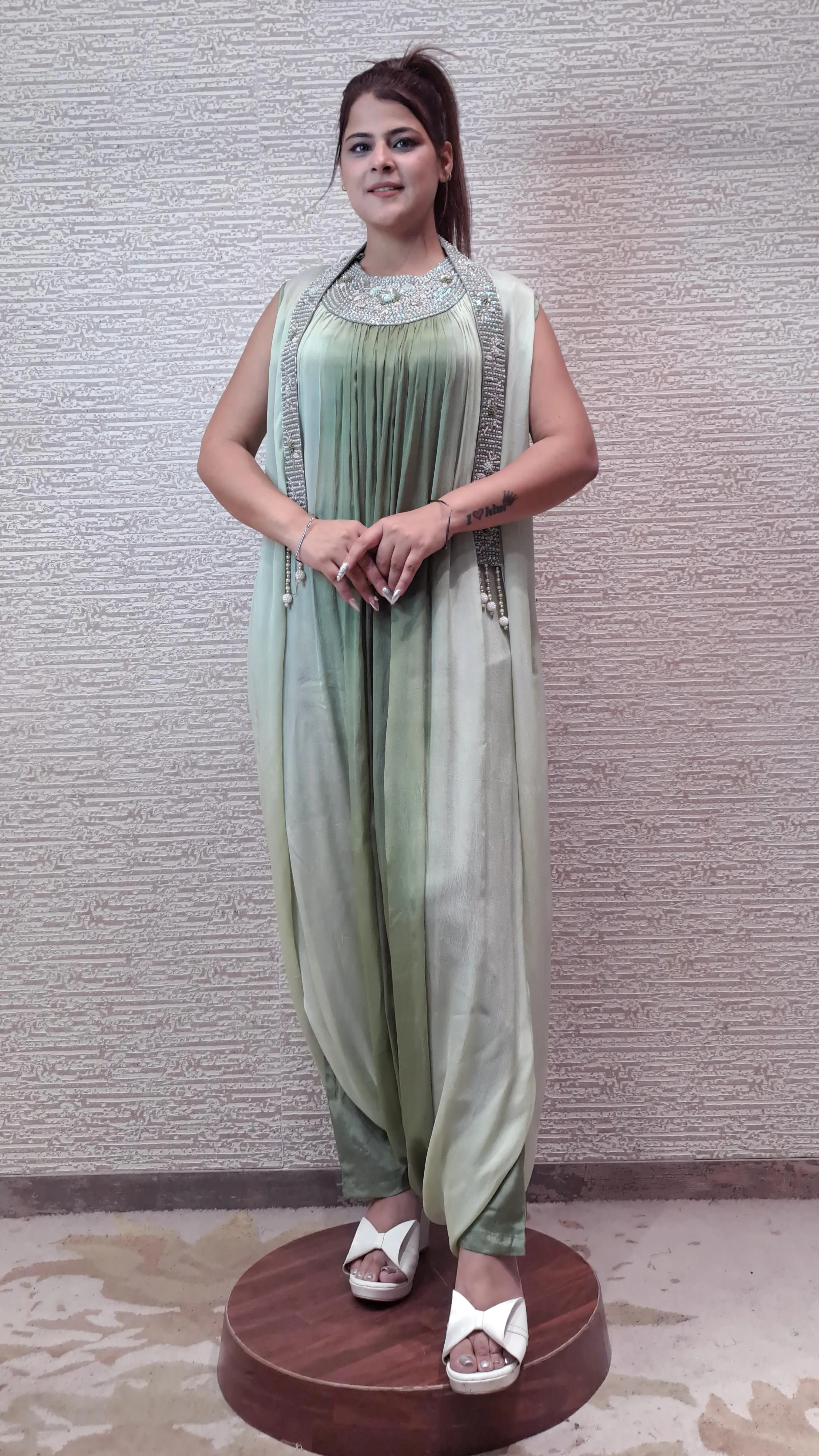 Georgette Jumpsuit In Soothing Shades Of Green With AntiqueZariThreadwork