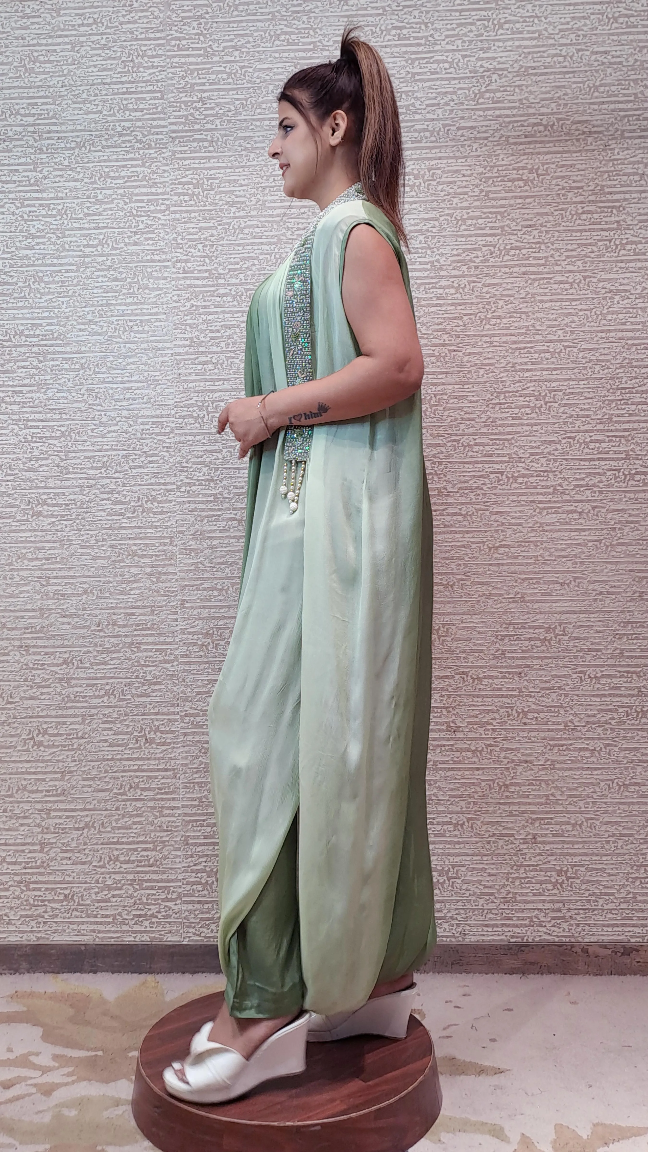 Georgette Jumpsuit In Soothing Shades Of Green With AntiqueZariThreadwork