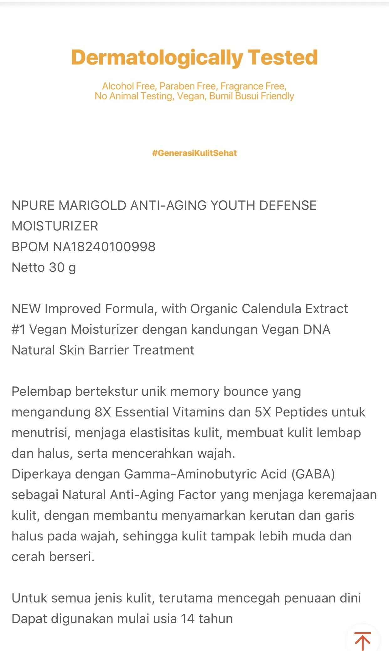 NPURE Marigold Anti-Aging Youth Defense Moisturizer/ Aging Cream / Flek Hitam / Pelembap Awet Muda